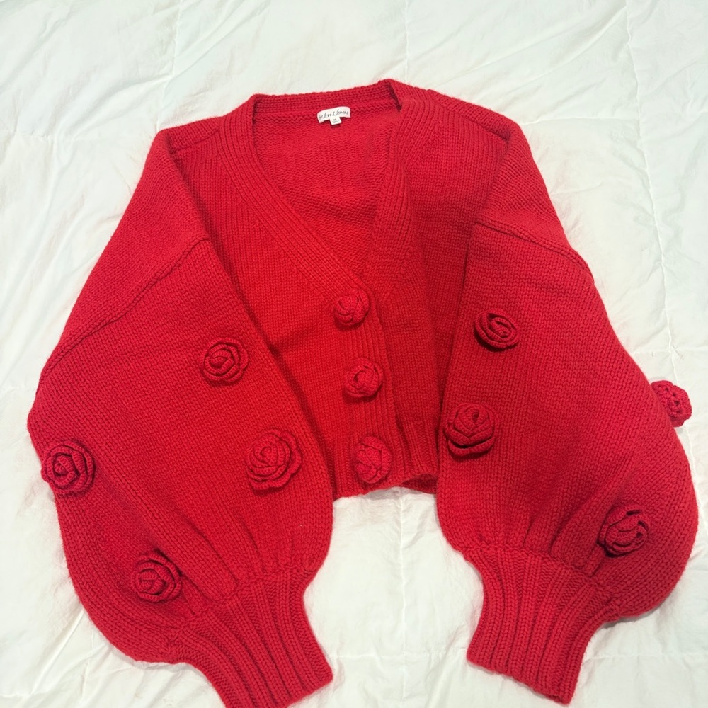For Love And Lemons Red V-Neck Sweater with Rose Details